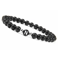 6mm matte black onyx beaded elastic bracelet with silver spacers and letter N charm - Letter N