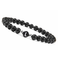 Black matte onyx beaded stretch bracelet with a white letter L charm and silver accents - L