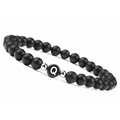 6mm matte black agate beaded bracelet featuring a white letter Q charm and silver spacers - Letter Q