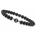 6mm matte black agate beaded stretch bracelet with white letter S and silver spacers - S
