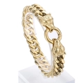 Pulsera punk de acero inoxidable dorado con doble cabeza de lobo y cadena cubana - Dorado