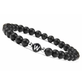 Black matte 6mm natural agate bead bracelet with silver accents and white letter W - Letter W