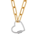 Two-tone gold paperclip chain necklace with a diamond-paved silver heart lock pendant - Silver