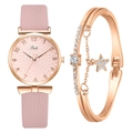Elegant women's pink leather quartz watch and rose gold sparkling bracelet set - Watch + Bracelet / Pink