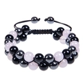 Double-layered 8mm pink quartz and obsidian beaded bracelet with adjustable woven cord - Rose Quartz Bracelet (2 Pink Beads) / 8mm