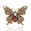 Colorful butterfly brooch with red gemstone and sparkling crystals on gold metal base - Ancient Gold Light Coffee