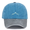 Close-up of mountain embroidery on a blue and grey washed cotton baseball cap - Blue and Grey / Adjustable Free Size