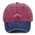 Detailed close-up of mountain embroidery on a washed burgundy and blue baseball cap - Wine Red/Blue / Adjustable Free Size