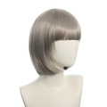 Detailed view of grey short bob wig with flat bangs on mannequin, soft synthetic fiber - Gray