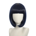 Detail view of smooth dark blue short bob wig with neat bangs on a mannequin head - Dark Blue
