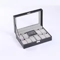 Schwarze PU-Leder Uhrenbox mit weißen Nähten, 8 Fächern und Schmuck-Sichtfenster - 8+2 Slots Schmuck & Uhrenbox - Grau