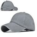 Detail of grey washed cotton baseball cap with ponytail hole and adjustable metal buckle - One Size / Washed Grey