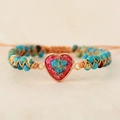 Bohemian heart bracelet with blue marble beads and red stone charm on brown rope - Blue