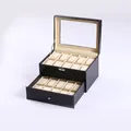 Schwarze zweilagige Uhrenbox aus PU-Leder für 20 Uhren mit Sichtfenster und Innenfutter - 20 Slots Doppelschicht - Beige Interieur