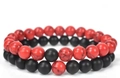 Set of two 8mm red marble-texture and black matte stone bead bracelets for couples - Two-Piece Set / Red Turquoise & Matte Black