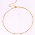 Detailed top view of gold tennis necklace with emerald cut cubic zirconia and extension chain - White Zirconia Necklace
