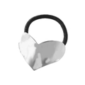 Black elastic hair tie featuring a polished silver heart charm with hammer-textured finish - Silver