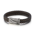 Men's braided leather bracelet with vintage silver feather clasp in black and brown - 21cm / Brown Line Feather (KB134538-KFC)