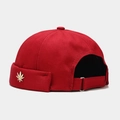 Detail of red miki hat with golden leaf metal ornament and adjustable velcro strap back - Red With Metal Maple
