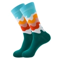 Detail view of colorful geometric wave pattern knit cotton crew socks for men and women - Beach Stripes