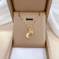 Elegant gold titanium steel necklace featuring a crystal-inlaid dolphin pendant in a gift box - White Dolphin (F411) / Gold/White