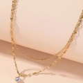 Double layered gold titanium necklace with sparkling zircon pendant and herringbone chain - Simple Double Layer with Zircon / Gold
