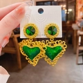 Vintage gold heart earrings with green gemstones and elegant hollow pendant detail - Hollow Heart Shape Green Style