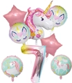 7-piece unicorn birthday balloon set featuring a large rainbow number 7 and star foils - Unicorn Set for 7th Birthday