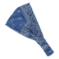 Close-up of blue paisley knit headband showing elastic band and detailed cotton texture - Blue