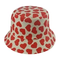 Cream bucket hat with red heart pattern and parallel stitching on the brim for sun protection - 58cm / Red