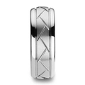 Macro shot of silver ring featuring geometric crossed lines and brushed metal texture - Silver / US 6