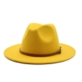 Classic yellow wide brim wool felt fedora with brown leather band and buckle - M(56-58cm) / Yellow