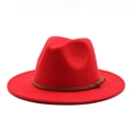 Detail of red wool felt fedora hat featuring a brown leather band and metal buckle accents - M(56-58cm) / Red