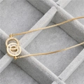 Golden micro-pave zircon interlocking double ring pendant necklace with fine box chain - Gold (Clear Zirconia)
