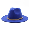Royal blue fedora wool hat with light brown leather band and gold buckle on white background - Sapphire Blue