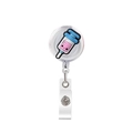 Detail of retractable badge reel featuring a cute syringe character for nurse ID cards - Medical Syringe Pattern