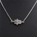 Silver Hamsa Hand necklace with blue gemstone and micro-pave zircons on box chain - B0125 Hamsa B Platinum Silver