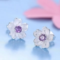 Kirschblüten-Ohrstecker in Matt-Silber mit zentralem Zirkonia in Rosa und Violett - Kirschblüten-Ohrstecker / Lila