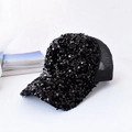 Close-up of black sequined baseball cap with breathable mesh texture and shiny finish - M (56-58cm) / Black