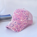 Detail of pink mesh baseball cap with colorful sequins and breathable net backing - M (56-58cm) / Pink