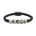 Men's 10mm marble bead bracelet with black braided leather and magnetic steel clasp - Leather/Synthetic Stone/Stainless Steel / Green Marble Pattern (7)