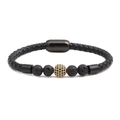 Braided leather bracelet with lava stones, pave zircon beads and magnetic metal clasp - Leather/Lava Stone/Stainless Steel/Zirconia / Lava Stone + Gold Zirconia Ball (10)