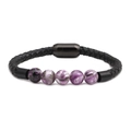 Men's purple stone bead and black braided leather bracelet with magnetic steel clasp - Leather/Synthetic Stone/Stainless Steel / Purple Textured Beads (17)