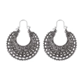 Detail of silver bohemian hoop earrings with intricate hollow carved floral texture - Ancient Silver (02 Ancient Silver 3574)