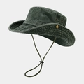 Outdoor wide brim sun hat in vintage dark green with adjustable chin strap and side snaps - One Size / Spliced Army Green