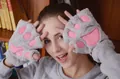 Winter plush gray cat paw fingerless gloves with soft pink 3D paw pads and fuzzy texture - Gray