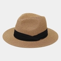 Close-up of khaki straw fedora featuring a wide black ribbon with cross-fold detail - Khaki