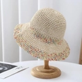 Beige crochet straw sun hat with colorful woven trim and lace bow on wooden stand - M / Color Thread Flat Stitch Bucket Hat-Beige