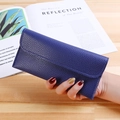 Slim navy blue long wallet with litchi texture and elegant white stitching for women - Royal Blue