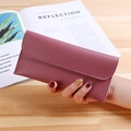 Women long trifold wallet in purple lychee leather texture with white stitching detail - Deep Pink